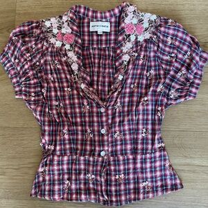 Antik Batik Red Plaid Blouse with Pink Floral Beaded Embroidery Size 38 Small